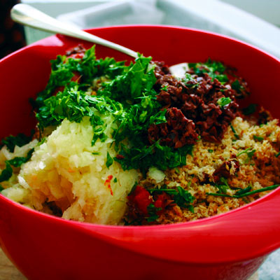 A bowl of chopped ingredients