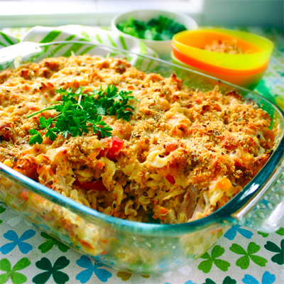 Tuna pasta bake recipe hiding corn, zucchini, carrot and capsicum