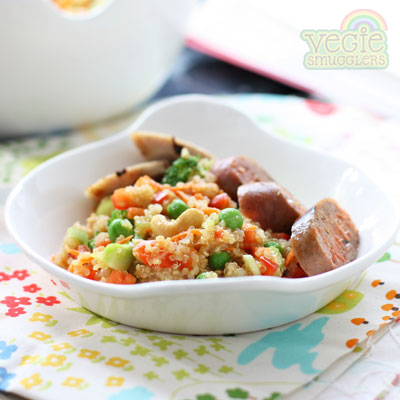 Quinoa salad, made Mr M&P friendly with SAUSAGE.